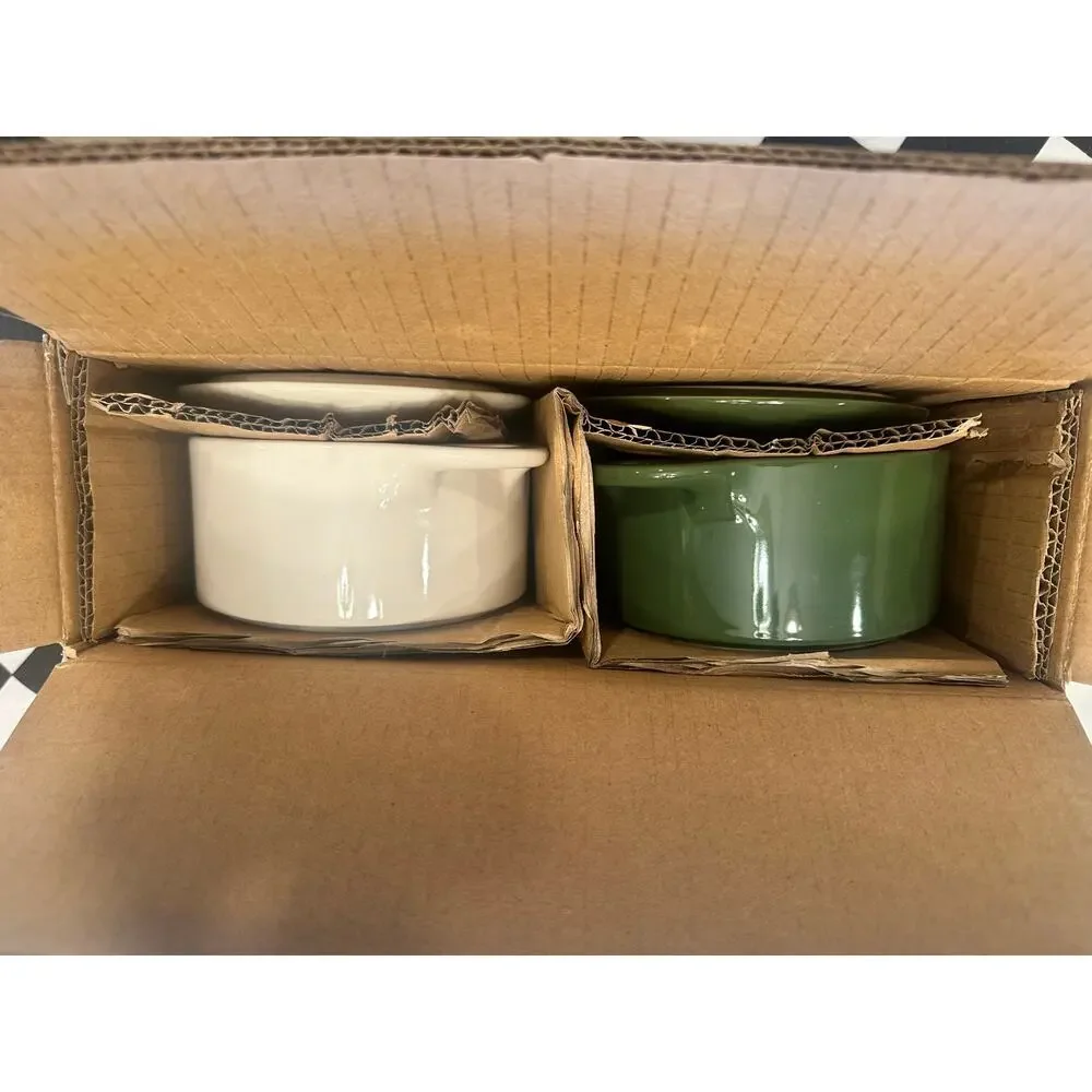 Brocc Your Body Mini Round Ceramic Cocotte Set Green and White Lids NEW IN BOX
